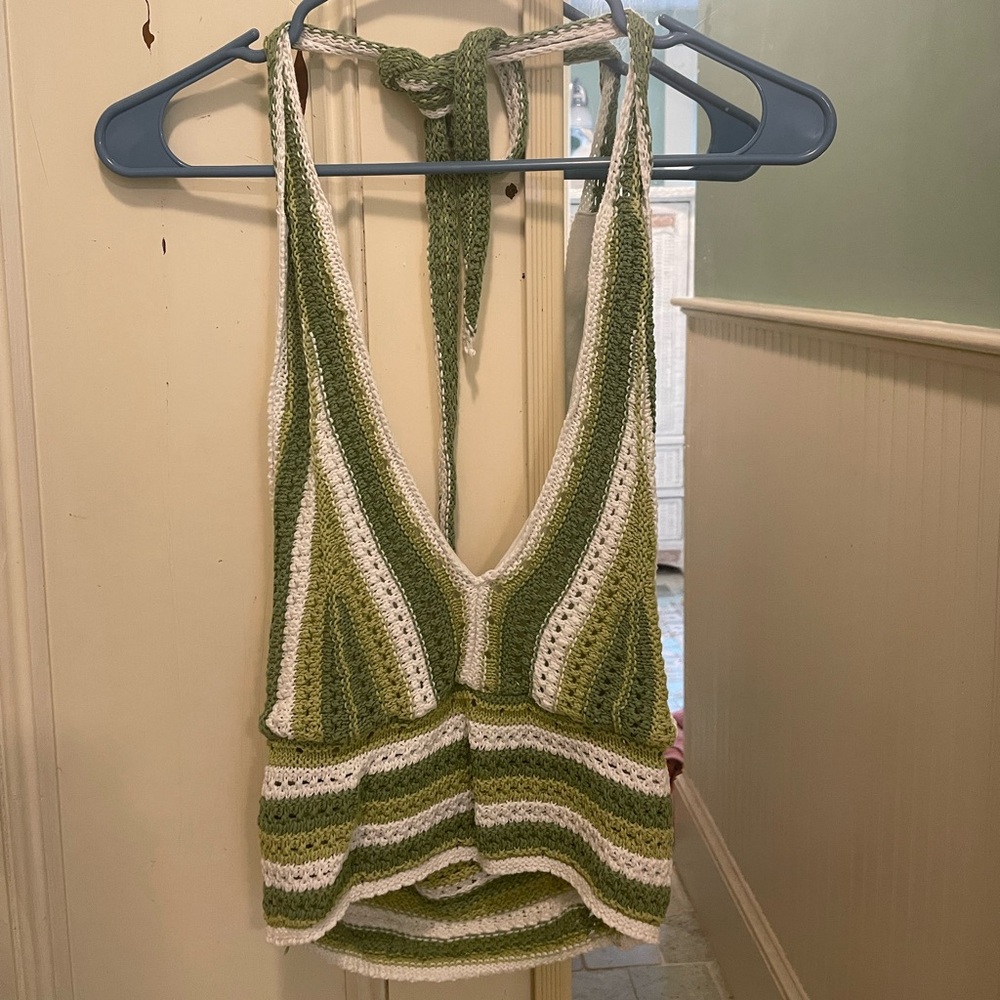 Hollister Green and White Crochet Halter Top